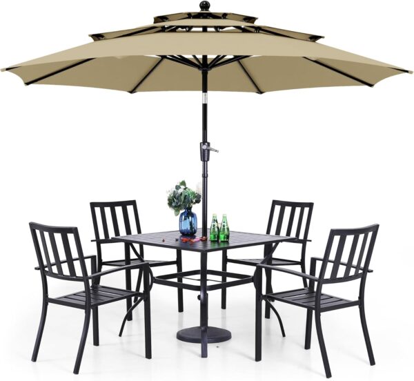 PHI VILLA 5 Piece Outdoor Dining Set with 10ft Umbrella, 37" Square Metal Dining Table & 4 Stacking Metal Chair with 3 Tier Beige Umbrella for Patio, Deck, Yard, Porch