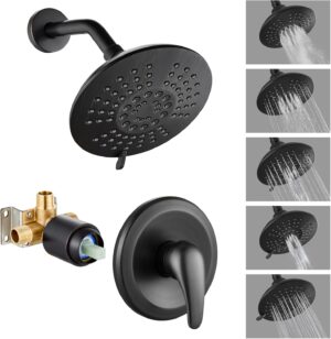 Bathtub Shower Faucet Set Wall Mounted 6 Inch 5-Spray Rainfall Shower Head with Rough-in Valve Single Handle Control Shower Trim Kit without Tub Spout, Oil Rubbed Bronze