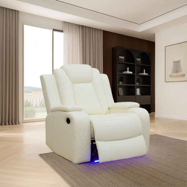 White Leather Power Reclining Chair with LED Light，38" Power Recliner Chair Home Theater Seat with USB Port for Living Room Furniture