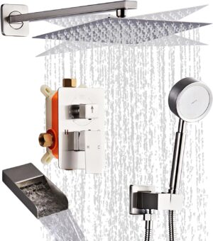 Brushed Nickel Shower Tub Faucet Set, Wall Mounted 10 Inch Shower Heads with Handheld Spray Combo and Tub Shower Faucet, Luxury Bathroom Square Rain Shower System - 4 Hooks