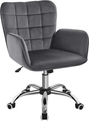 Yaheetech Modern Velvet Home Office Chair Ergonomic Adjustable Makeup Vanity Chair with Padded Armrests Big Seat for Office, Bedroom, Dark Gray