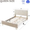 Livinia Queen Size Elton Velvet Platform Bed, Upholstered Bed Frame with Vertical Channel Tufted Headboard Footboard, Strong Wood Slats, No Box Spring Needed, Ivory (Queen)