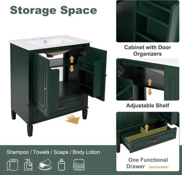 Linique 30" Bathroom Vanity with Sink Combo Set, Solid Wood Frame Modern Bathroom Storage Cabinet with a Large Drawer, a Adjustable Shelf and 2 Soft Closing Cabinet Doors with Organizer, Green