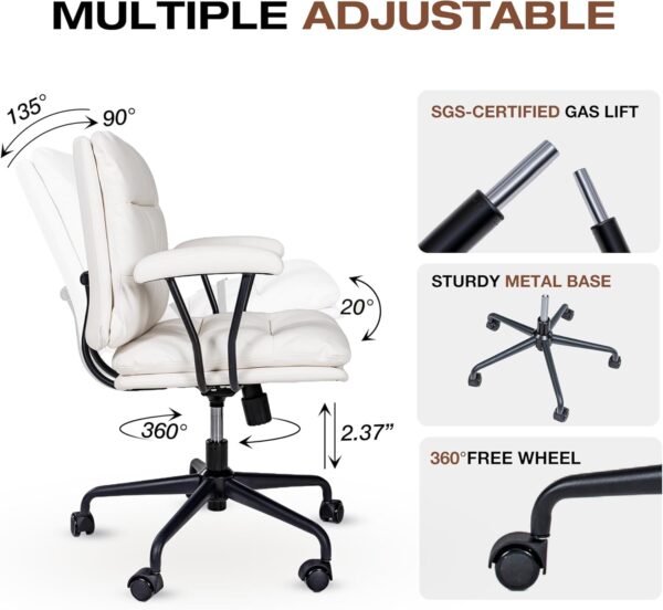 White Leather Desk Chair with Arms,Modern Office Chair with Lumbar Support,Removable Armrests, Height-Adjustable Swivel Medium Computer Chair for Home, Office, Dresser, Bedroom