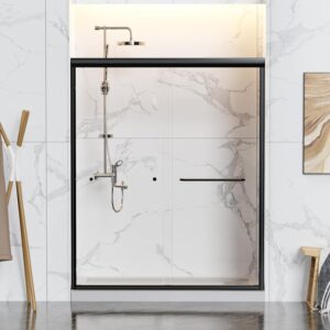 56-60" W x 70" H Semi-Frameless Double Sliding Shower Door, Glass Shower Door with Water Seal Strips and Anti-Collision Protection, 1/4" (6mm) Thick SGCC Tempered Glass, Adjustable Width, Black