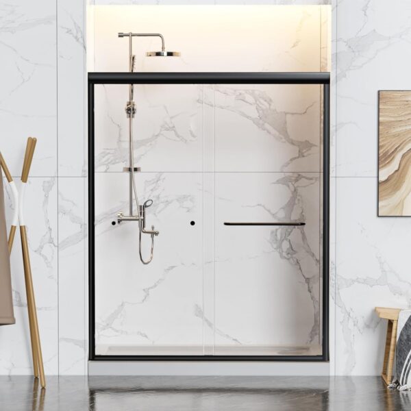 56-60" W x 70" H Semi-Frameless Double Sliding Shower Door, Glass Shower Door with Water Seal Strips and Anti-Collision Protection, 1/4" (6mm) Thick SGCC Tempered Glass, Adjustable Width, Black