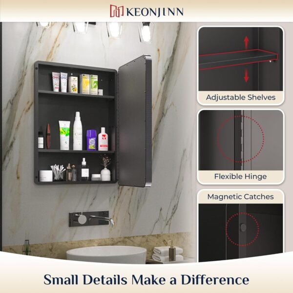 Keonjinn 20 x 32 Inch Black Mirrored Medicine Cabinet, Recessed Medicine Cabinets for Bathroom, Gloss Black Stainless Steel Framed, Adjustable Shelves, In Wall or Surface Mount, Sturdy & Heavy, Modern