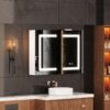 Snughome Bathroom Medicine Cabinet with Mirror and LED Light, Wall Mount Medicine Cabinet with Defogging, Adjustable Shelves, Memory Dimmable 3 Color Temp, Built-in Power Outlets, 31.5''x23.6''x5.9''