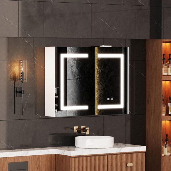 Snughome Bathroom Medicine Cabinet with Mirror and LED Light, Wall Mount Medicine Cabinet with Defogging, Adjustable Shelves, Memory Dimmable 3 Color Temp, Built-in Power Outlets, 31.5''x23.6''x5.9''