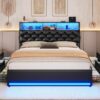 Queen Bed Frame with 4 Drawers & Hidden Storage Headboard, LED Bed Frame Queen Size with Charging Station, Upholstered Bed with Metal Slats, No Box Spring Needed, Black PU