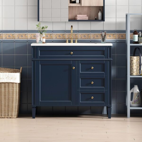 36'' Bathroom Vanity with Top Single Resin Sink Countertop, Solid Wood Frame Modern Storage Cabinet, 2 Drawer and Shelves, Soft Closing Doors, Blue