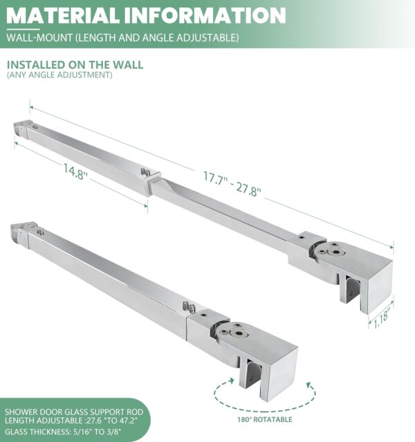 Shower Door Support Bar, Wall-to-Glass Support Arm 450-700mm Long to Fix Frameless Glass Panel, Suitable for 5/16"(8mm) to 3/8"(10mm) Thick Glass Door, Polished Silver