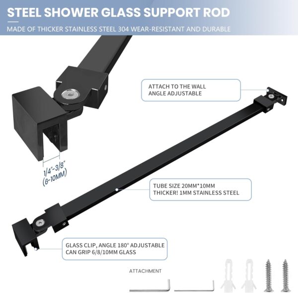 Shower Door Support Bar, 15.74 Inch (400mm) Long Stainleess Steel Rod to Fix Glass Door to Wall, for 1/4"(6mm), 5/16"(8mm), 3/8"(10mm) Frameless Glass Panel, Matte Black