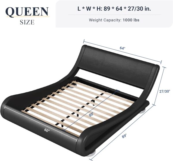Allewie Queen Size Bed Frame with Ergonomic & Adjustable Headboard, Low Profile Modern Upholstered Platform Sleigh Design - Easy Assembly, No Box Spring Required, Black