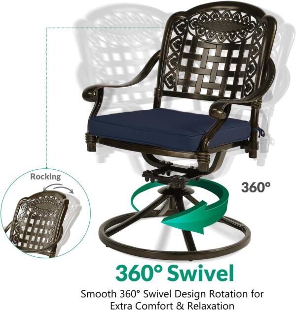 VIVIJASON 5-Piece Outdoor Patio Dining Set, All-Weather Cast Aluminum Conversation Set, Patio Furniture Set for Backyard, Include 4 Swivel Chairs, 38.5" Round Table w/Umbrella Hole, Navy Blue Cushion