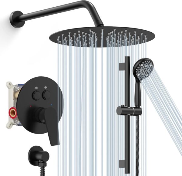 71w4aZwOgPL._AC_SL1500_.jpg SR SUN RISE Matte Black Shower Faucet Set - 12 Inch Rain Shower Head with Adjustable Slide Bar Combo Set - Wall Mounted Rain Shower System Bathroom (Valve and Trim Kit Included)