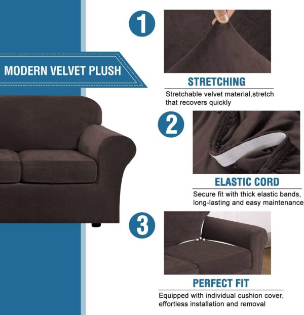 H.VERSAILTEX Modern Velvet Plush 4 Piece High Stretch Sofa Slipcover Cover Form Fit Luxury Thick Velvet Extra Large Sofa Cover for 3 Cushion Couch Width Up to 97 Inch (XL Sofa, Brown)