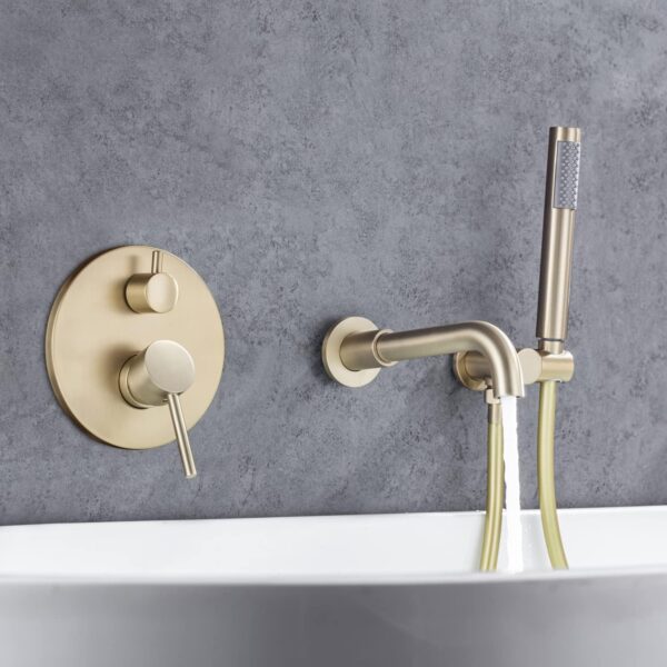 AZOS Wall Mounted Bathtub Faucet with Handheld Shower, High Flow Rate Tub Filler Faucet Set with 360° Swivel Spout Fixtures, Brushed Gold Waterfall Tub Faucets