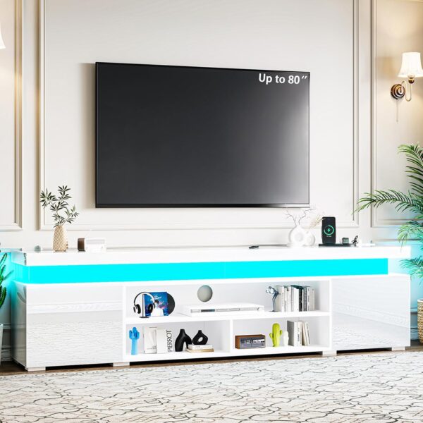 72" Modern TV Stand with LED Lights and Power Outlet for TVs Up to 80 inch, High Gloss Finish Entertainment Center, TV Console Cabinet with Storage for Living Room, White