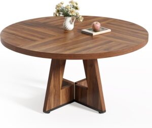Little Tree Round Dining Table for 4-6 People, 47 Inches Dining Room Table with Wooden Pedestal Base, Brown Dinner Table, Circle Kitchen Table for Dining Room, Kitchen, Living Room(Table Only)