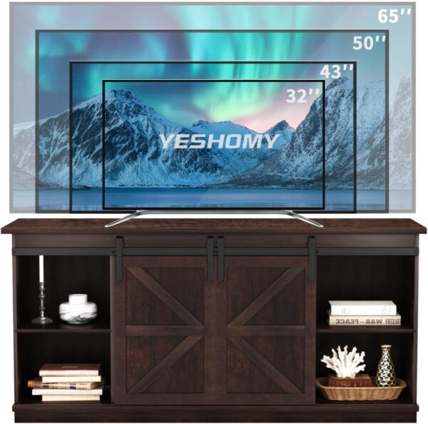 YESHOMY TV Stand for Televisions up to 65 Inchs, with Sliding Barn Doors and Storage Cabinets, Console Table and Media Furniture for Living Room, 58 Inch, Espresso