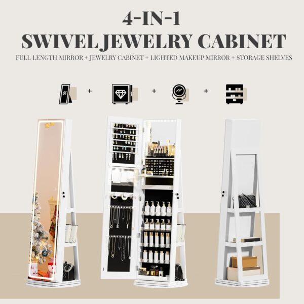 LED Mirror Jewelry Cabinet Standing, Jewelry Armoire with Full-Length Mirror and Adjustable LED Lights, 360° Swivel Jewelry Organizer Storage, White