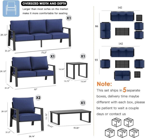 Aluminum Outdoor Loveseat, Oversized Patio Couch, Modern Sofa All Weather Metal Furniture Set with 5.5" Cushions, Blue