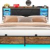 Unikito Cool Queen Size Bed Frame with RGB LED Lights and Power Outlets, Sturdy Platform Bed with Storage Upholstered Headboard, Strong Metal Slats, No Box Spring Needed, Easy Assembly, Vintage