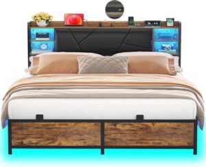 Unikito Cool Queen Size Bed Frame with RGB LED Lights and Power Outlets, Sturdy Platform Bed with Storage Upholstered Headboard, Strong Metal Slats, No Box Spring Needed, Easy Assembly, Vintage