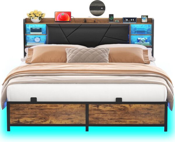 Unikito Cool Queen Size Bed Frame with RGB LED Lights and Power Outlets, Sturdy Platform Bed with Storage Upholstered Headboard, Strong Metal Slats, No Box Spring Needed, Easy Assembly, Vintage
