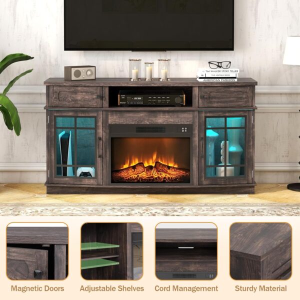 71wr1Q3xrdL._AC_SL1500_.jpg Curved Fireplace TV Stand with LED Light for TVs Up to 65", Entertainment Center with 23" Electric Fireplace, TV Stand with Glass Door Storage Cabinets & Open Shelves for Living Room, Black