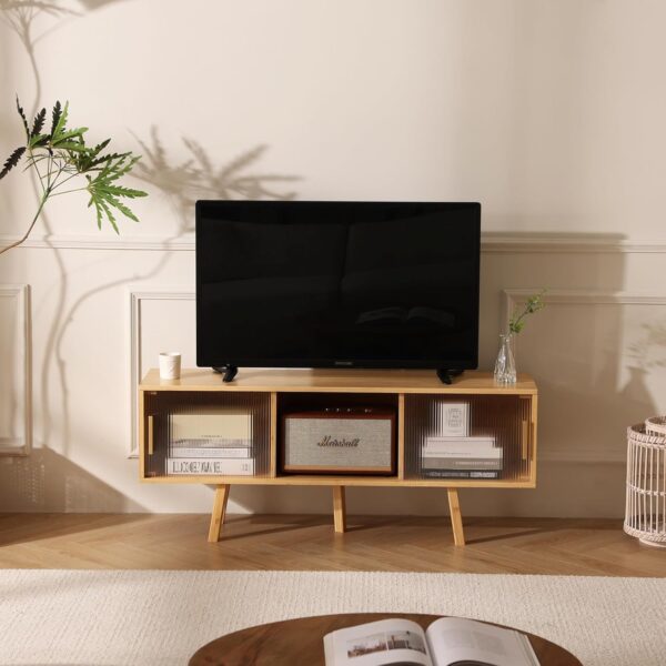 Bamboo TV Stand for TVs up to 50 Inches, Durable Entertainment Center with 2 Sliding Acrylic Cabinet Doors for Gaming Console, Modern Accent TV Console Cabinet for Living Room Bedroom