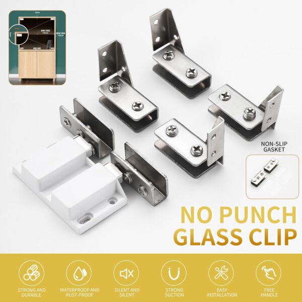 Stainless Steel Glass Door Hinge Double Head Magnetic Catch Closures with ABS Clamp Set for 5-7mm Glass Doors (1, White)