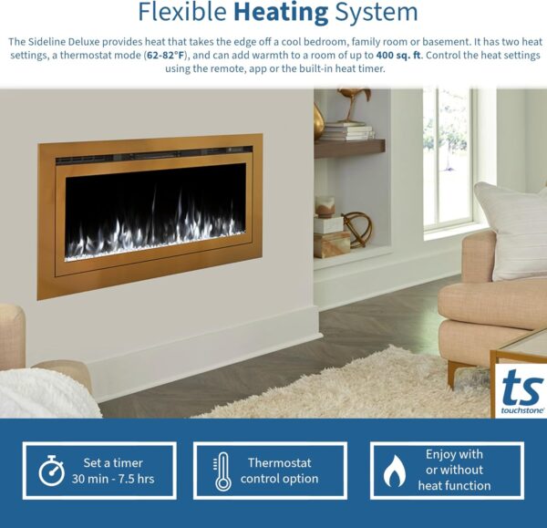 Touchstone Sideline Deluxe -Gold Smart Electric Fireplace- 50" Wide- Alexa/WiFi-Enabled- in Wall Recessed- 5 Flame Settings- 9 Flame Colors- 1,500W Heater- Log & Crystal Options- 86275