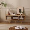 Bamboo TV Stand for TVs up to 50 Inches, Durable Entertainment Center with 2 Sliding Acrylic Cabinet Doors for Gaming Console, Modern Accent TV Console Cabinet for Living Room Bedroom
