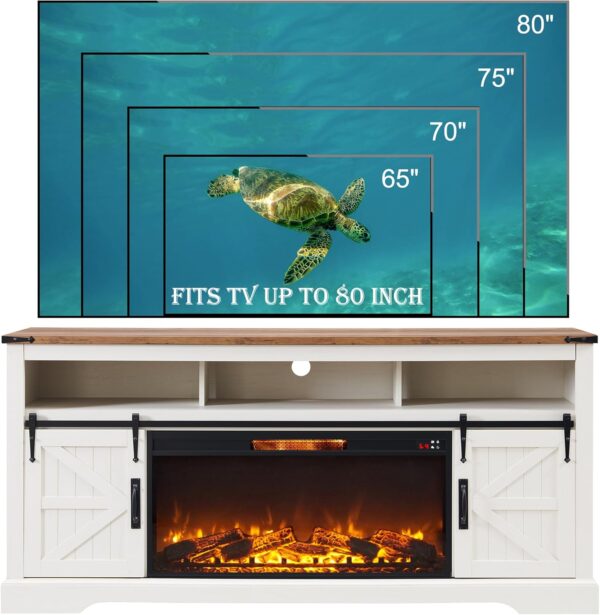OKD Fireplace TV Stand for 80 Inch TV, 33" Tall Highboy Farmhouse Entertainment Center w/ 36'' Electric Fireplace, Rustic Media Console w/Sliding Barn Door for Living Room, Antique White