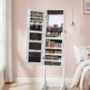 SONGMICS Mirror Jewelry Cabinet Standing Armoire Organizer, Jewelry Storage with Full-Length Frameless LED Lights, Built-in Makeup Mirror, 2 Drawers, Lockable, White UJJC023W01