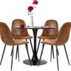 Dining Table Set for 4, Round Kitchen Table with Pedestal Base and 4 Suede Fabric Chairs, 5 Piece Kitchen Table Sets for 2-4 People, Dining Room Table and Chairs, Black Table, Brown Chairs