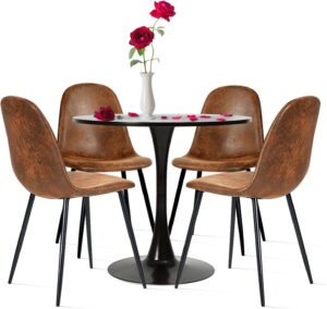 Dining Table Set for 4, Round Kitchen Table with Pedestal Base and 4 Suede Fabric Chairs, 5 Piece Kitchen Table Sets for 2-4 People, Dining Room Table and Chairs, Black Table, Brown Chairs
