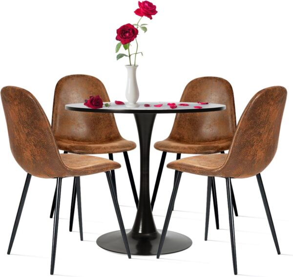 Dining Table Set for 4, Round Kitchen Table with Pedestal Base and 4 Suede Fabric Chairs, 5 Piece Kitchen Table Sets for 2-4 People, Dining Room Table and Chairs, Black Table, Brown Chairs