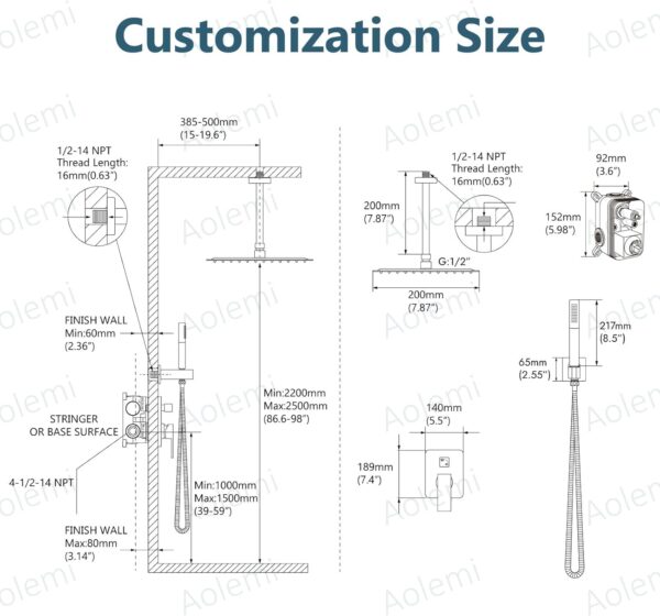 Aolemi Ceiling Mount Shower System with Rainfall Shower Head and Handheld,High Pressure Shower Faucet Set Fixture Combo with 2 in 1 Handheld Spray Rough-in Valve,8 Inch Shower Head Matte Black