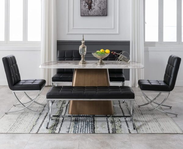 EALSON Modern Tufted Dining Chairs with Bench Set of 5 Leather Upholstered Dining Room Chairs with Chrome Metal Legs Mid Century Kitchen Chairs Armless Side Chair for Dining/Living Room, Black
