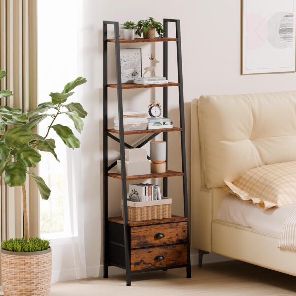 Furologee 5-Tier Ladder Shelf with 2 Drawers,Narrow Bookshelf Storage Shelves,Industrial Bookcase Freestanding Rack Units for Bedroom,Living Room,Bathroom,Home Office,Balcony,Wood Metal,Rustic Brown