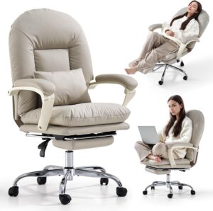 EMIAH Ergonomic Office Chair with Foot Rest Criss Cross Chair with Wheels Reclining Executive Office Chair Mid Back PU Leather Swivel Desk Chair Lumbar Support for Home Office (Beige)