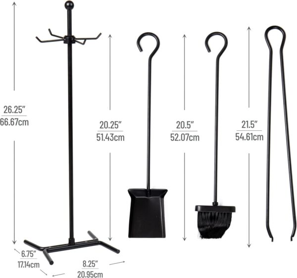 Mind Reader Fireplace Set with Stand, Brush, Shovel Scoop, Poker, Tongs, Steel, 8.25"L x 6.75"W x 26.25"H, 4 Pcs, Black