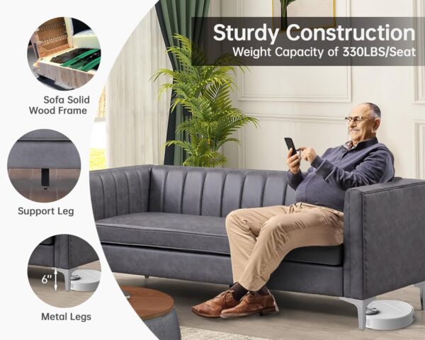 Morden Fort Faux Leather Couch, 71" W Modern Faux Leather Office Sofa Easy to Clean with Highly Wear Resistant Seats and Metal Legs, 3 Seater Couches for Living Room Apartment Lounge Grey
