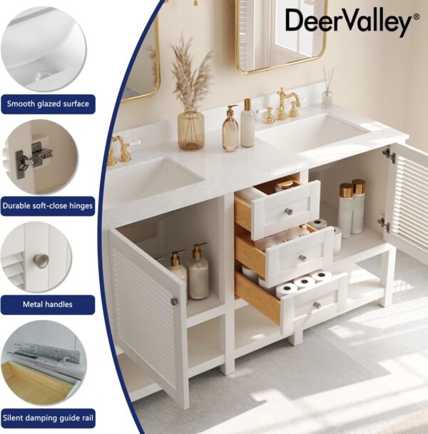 Deer Valley 60'' Bathroom Vanity with Double Sink Top, Pre-Assembled Modern Wood Bathroom Cabinet Sink Combo with Backsplash, Soft Closing Doors, Multifunctional Storage Space Vanity (White)