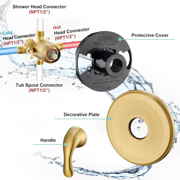 Brushed Gold Shower Tub Faucet Set With Valve - Gold Shower Head and Handle Set, Shower Faucet Set With 6 Inch Rain shower Head and Tub Spout, High-Pressure Tub Shower Trim Kit