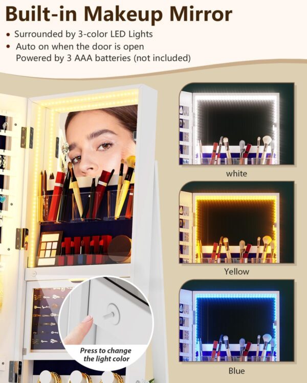 360° Rotating Jewelry Cabinet with LED Lights, 63" H Full Length Mirror with Jewelry Storage, Standing Jewelry Armoire with Door Mirror, Jewelry Organizers for Christmas Gift (White)
