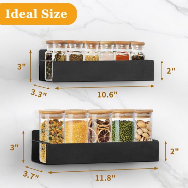 Kitchen Spice Rack: 2 Packs Black Adhesive Wall Mount - 11.8" Large Hanging Storage Organizer Cabinet Without Drilling for Smooth Wall - Work Room Bathroom Shelves